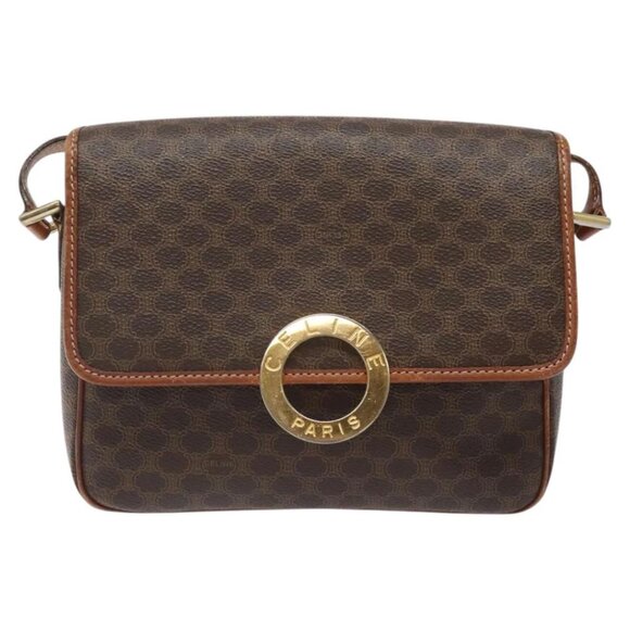 CELINE Macadam Canvas Circle Shoulder Bag PVC Leather Brown Gold Auth 123293 - Picture 2 of 15